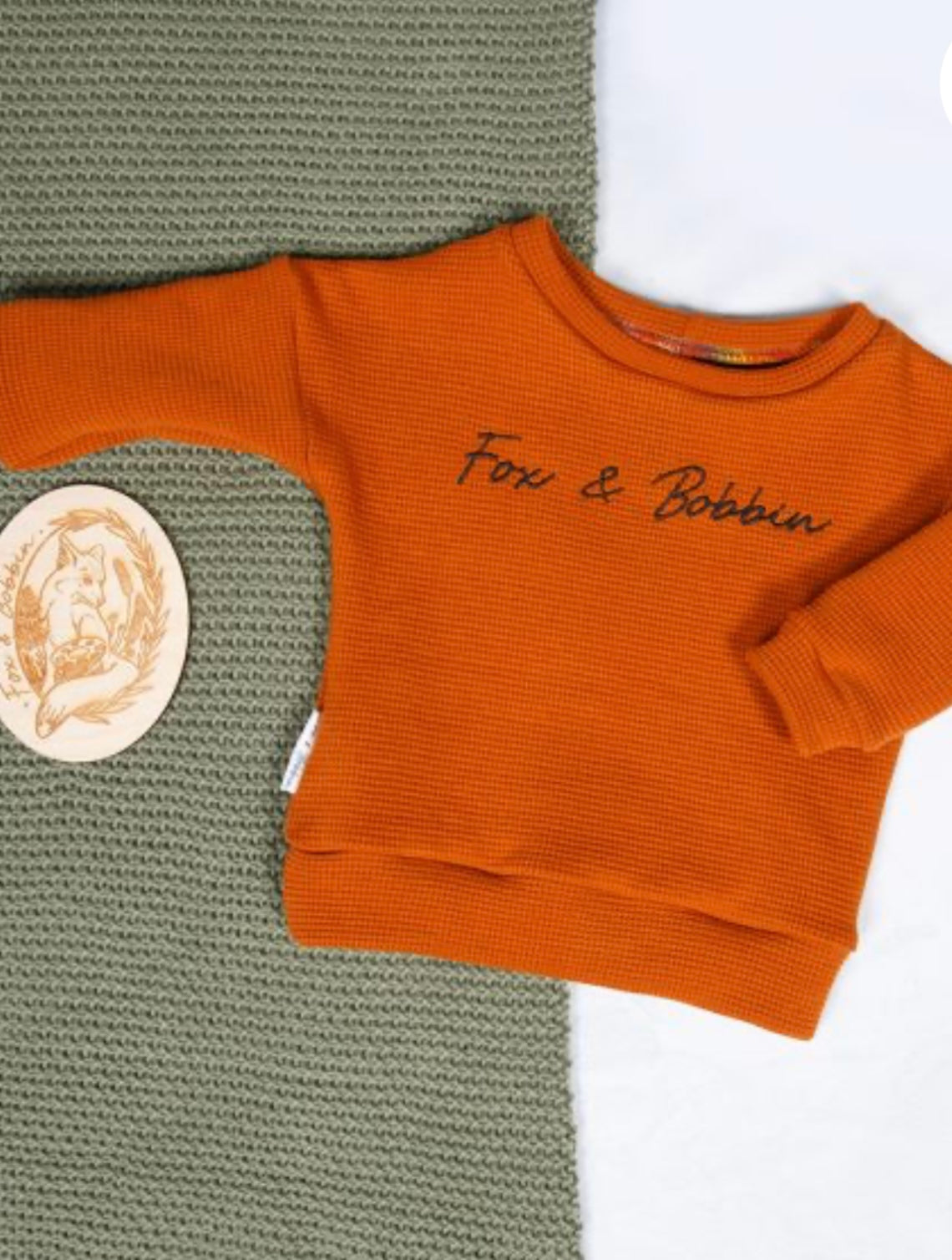 Embroidered waffle sweater like new - 3-6 months. Fox & Bobbin Preloved cloth friendly clothing