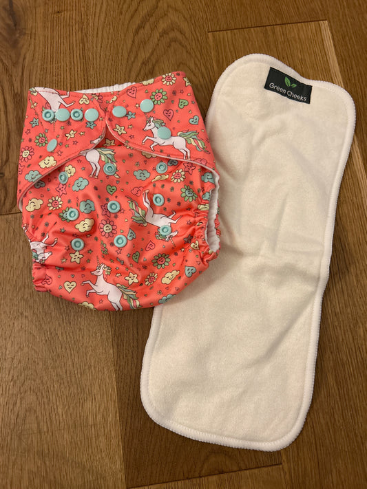 Green Cheeks pocket nappy.  (#100)