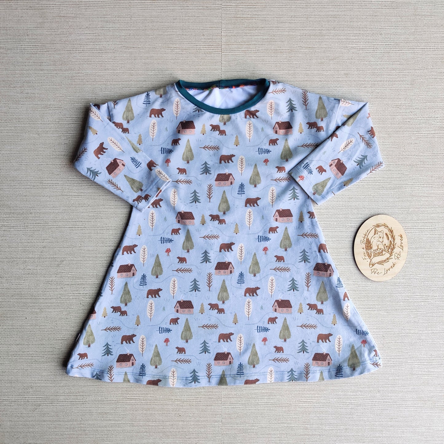 Long sleeve tunic dress scandi bear EUC age 2. Fox & Bobbin Preloved cloth friendly clothing