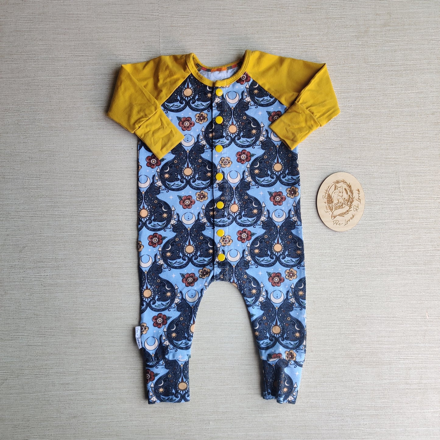 Age 6-12 month long sleeve raglan romper EUC. Fox & Bobbin Preloved cloth friendly clothing
