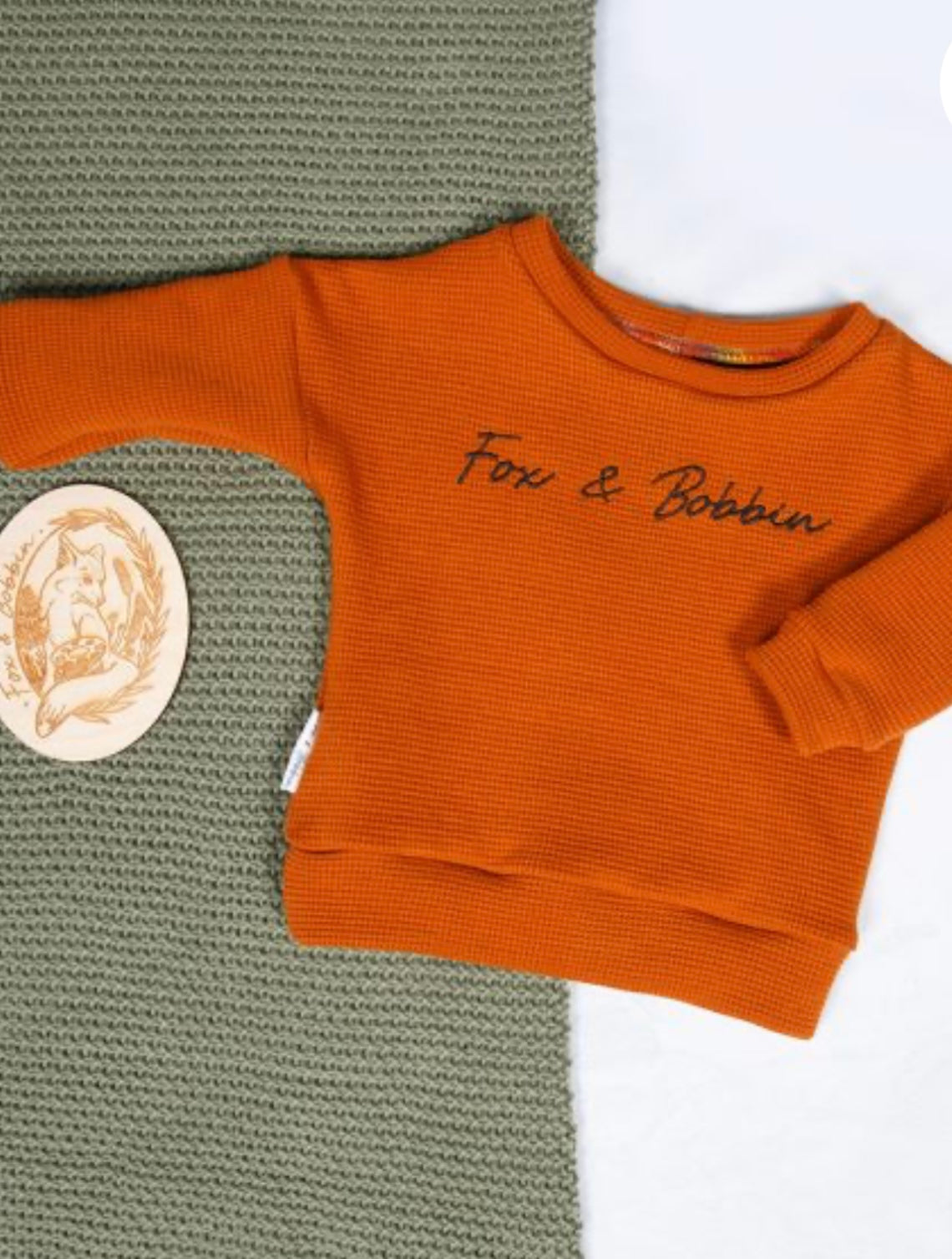 Embroidered waffle sweater like new - 3-6 months. Fox & Bobbin Preloved cloth friendly clothing