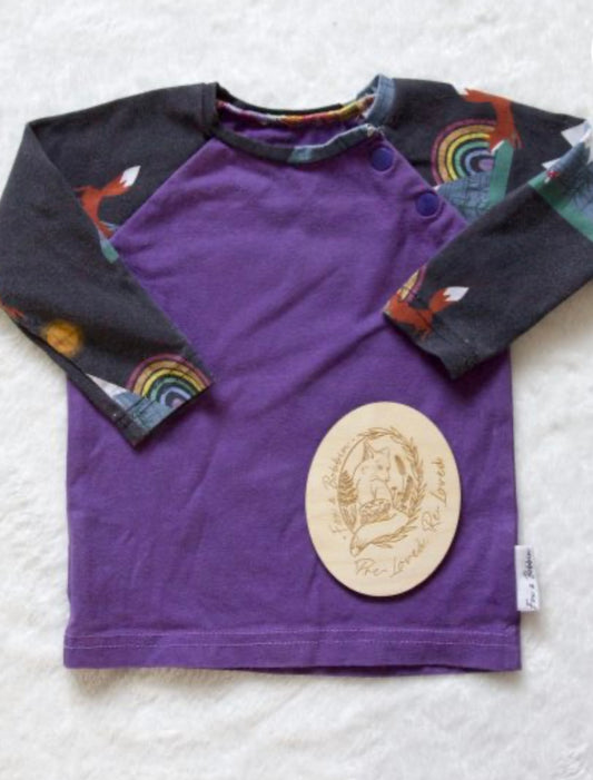 Long sleeved Raglan T with poppered neckline EUC - 3-6 months. Fox & Bobbin Preloved cloth friendly clothing