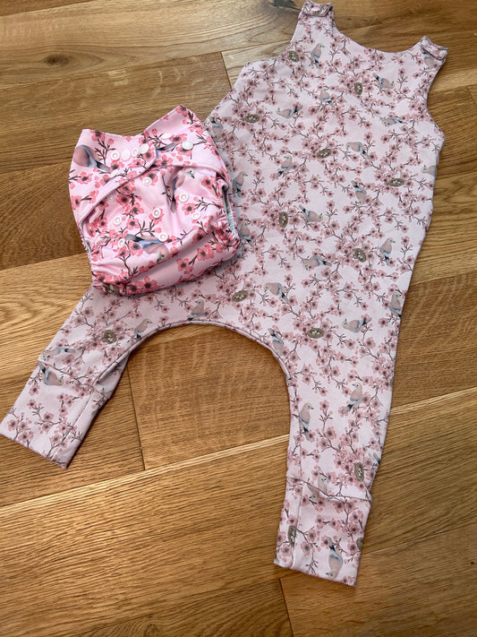 Matching handmade item and nappy - Green cheeks romper and pocket nappy (match; 003)